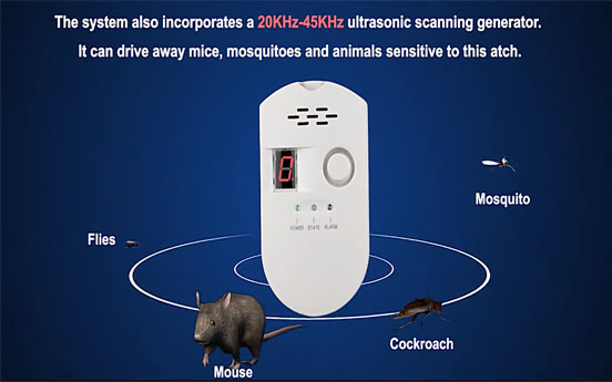 Gass- og ultrasonisk gnager- og myggavvisende integrert alarm for å beskytte hjemmet